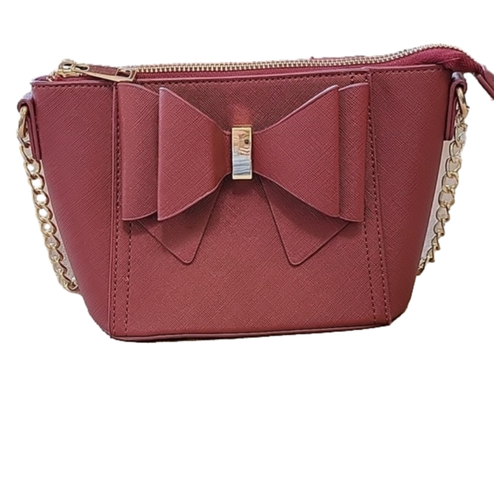 Beet (Burgandy) Red Bow Vegan LeatherPurse with Gold Accents EUC (possibly NWOT)